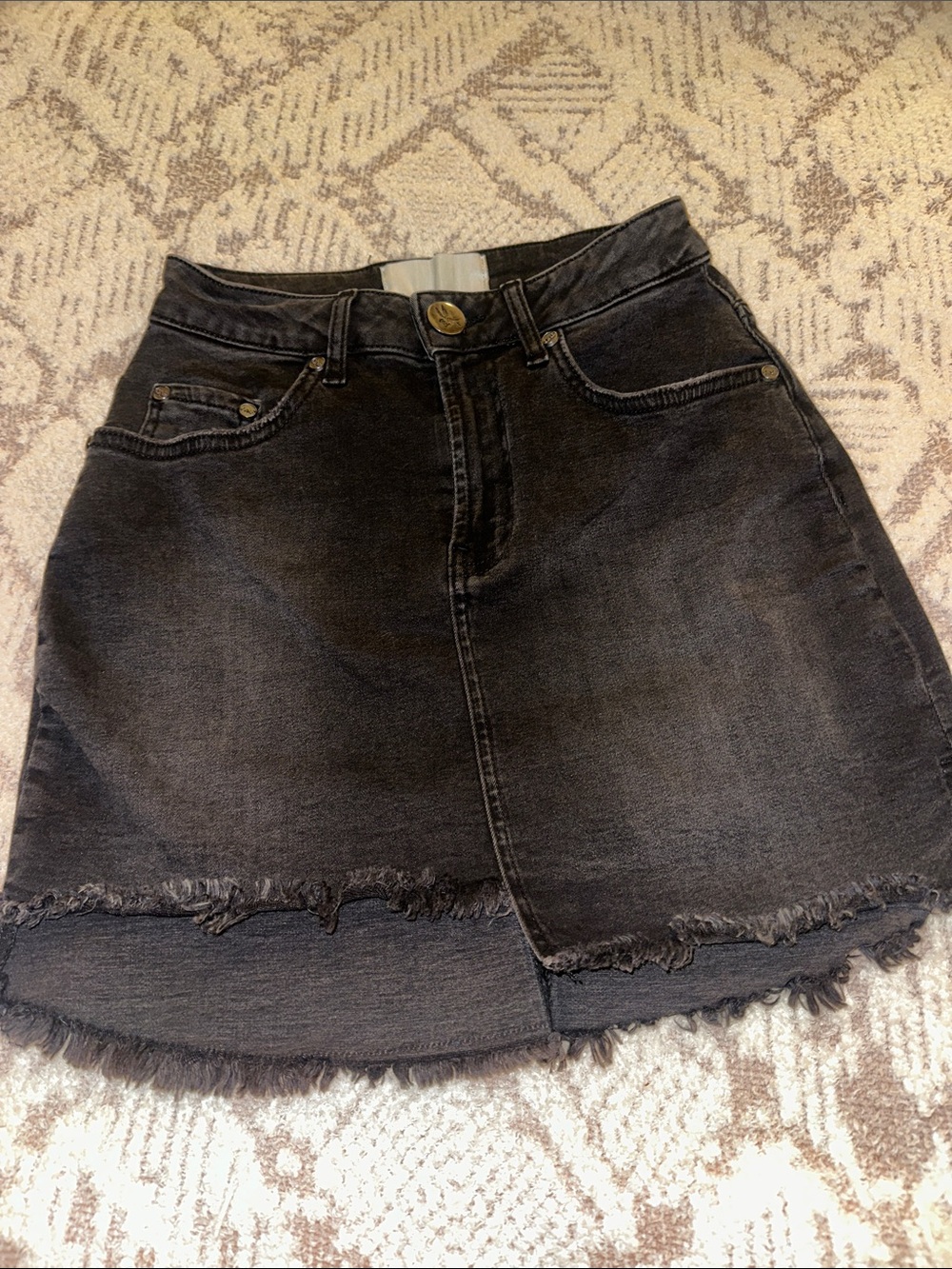 One Teaspoon 2020 Mini Skirt Washed Black Step Hem Raw Fray High Rise Denim
